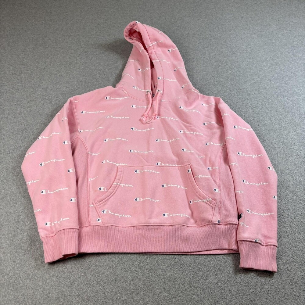 Champion Hoodie Womens Large Pink Reverse Weave Allover Logo Pullover Sweatshirt